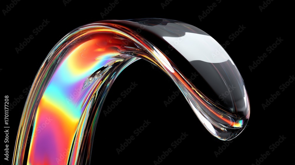 Poster an abstract iridescent shape reflects light creating a beautiful spectrum of colors against a stark 