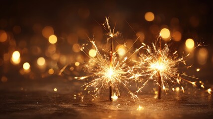 Fototapeta premium Two vibrant sparklers illuminate the scene, creating a festive atmosphere with bokeh lights shimme softly in the dark background tonight.