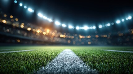 An empty football stadium glows at night, ready for the game to begin with bright lights illuminating the field of play magnificently.