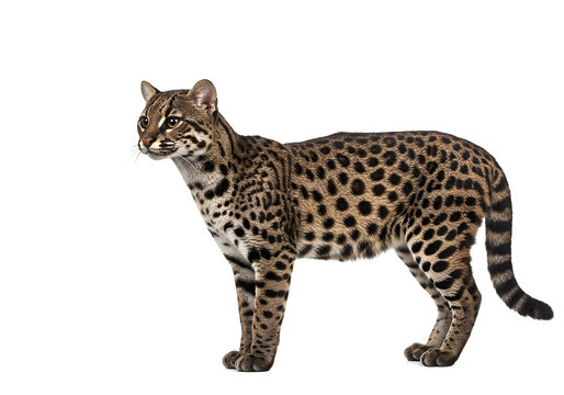 Magnificent ocelot portrait against white backdrop, showcasing its intricate spotted coat and captivating gaze, celebrating the beauty of wild cats.