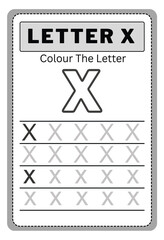Writing practice of letters x. Coloring book. Education for children. Vector illustration