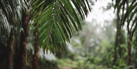 Obraz premium Lush rainforest foliage in a misty scene