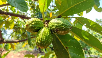 Close-up of unripe, speckled green fruits clustered on a branch, bathed in natural sunlight.