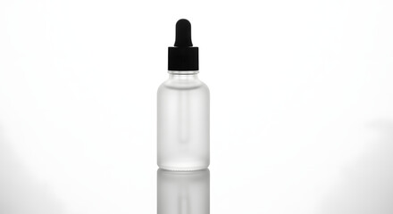 Clear glass dropper bottle with black cap, filled with transparent liquid, isolated on white background.