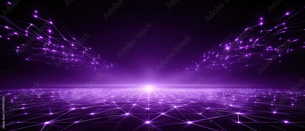 Poster abstract purple network connections stretch across a dark horizon, symbolizing data flow and digital