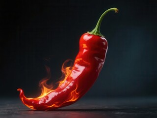 Vibrant red chili pepper with fiery glow on dark background,  close-up,  flavor