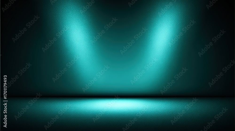 Poster an empty illuminated teal studio backdrop showcases light cast downwards with dramatic lighting and 