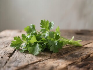 Fresh flat-leaf parsley sprigs on rustic wood surface,  garden,  raw