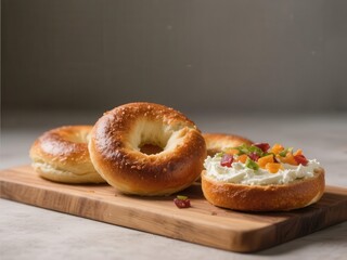 Freshly baked bagels on wooden board with cream cheese and toppings,  poppy seed,  delicious