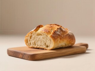 Golden-brown crust, airy interior artisan bread slice on wooden board, recipe, craft