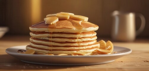 Golden stack of fluffy pancakes on warm plate, appetizing, plate