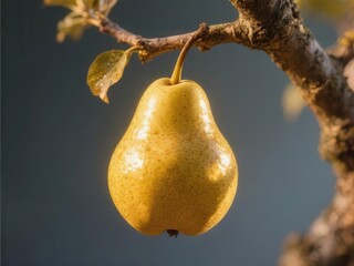 Golden pear glows in sunlight, hanging on tree branch, fruit, nature