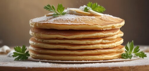 Golden brown pancakes, stacked high, dusted with icing sugar and parsley , food styling, winter