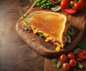 Golden grilled cheese, melted cheese, fresh veggies on wood , vegetarian, photography