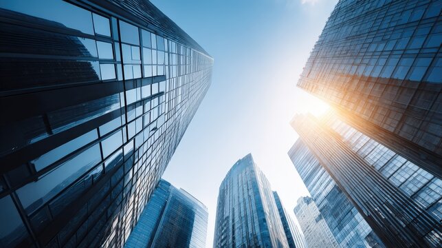 A breathtaking low angle view showcases the towe skyscrapers and clear sky highlighting contemporary urban architecture and city development.