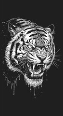 Aggressive White Tiger Head Ink Drawing with Dripping Paint Effect.