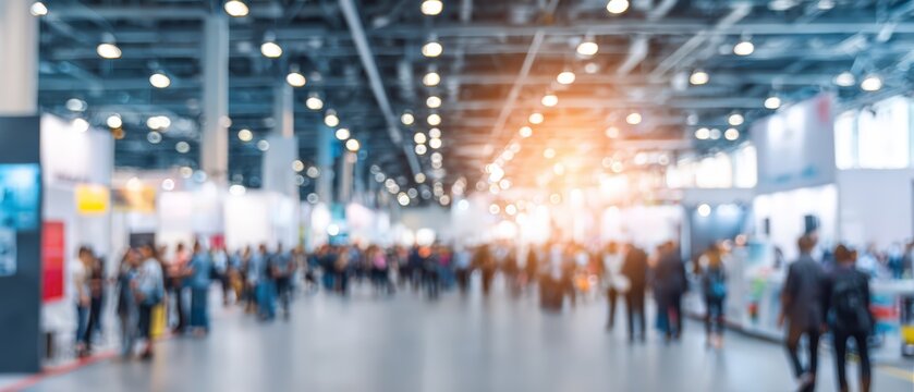 A large crowd of people walks through a busy convention center du an expo event with bright lights and spacious exhibition hall setting.
