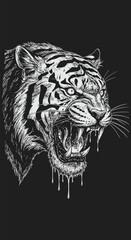 Striking Ink Drawing of a Snarling Tiger with Dripping Saliva.