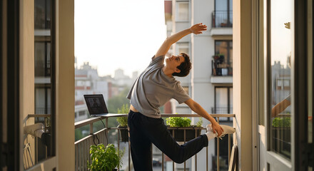 Young man stretches gracefully on balcony, city view backdrop. Morning sunlight illuminates his pose.