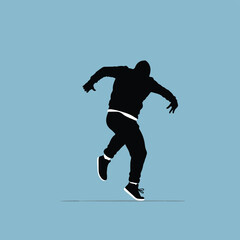 Minimalist Vector Illustration of Skateboarder in Dynamic Pose with Monochrome Black and White Silhouette Style