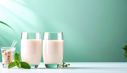 Two Glasses of Creamy Plant Based Milk with Nuts and Mint on Green Background