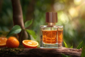 Amber perfume bottle rests on a log in a lush garden, with oranges nearby