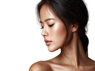 Elegant profile portrait of a young woman with radiant skin and soft makeup on a black background, showcasing beauty and serenity in natural light