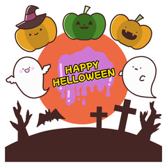 満月が背景にあるかわいいハロウィンのイラスト