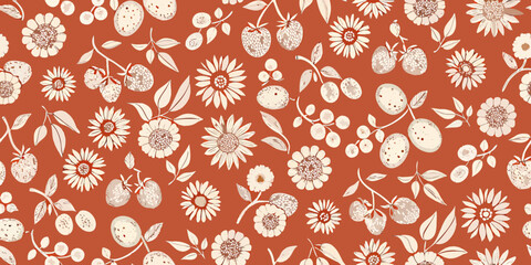 Charming retro floral and berry pattern with white elements on terracotta background