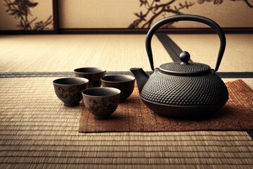 Black iron tea set on tatami mat