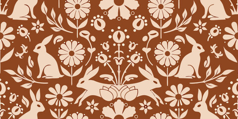 Charming folk art pattern with rabbits and flowers in earthy tones © Ruhidas