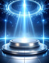 Shiny Circular Platform with Blue Light Beams in Futuristic Dark Background