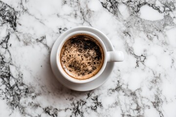 White coffee cup, dark espresso, marble surface