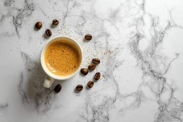 A single cup of espresso sits on a marbled surface, surrounded by coffee beans and grounds