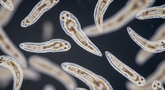 Microscopic view of numerous flatworms, showcasing their translucent bodies and internal structures in detail.