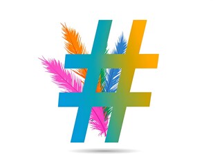 Obraz premium Vibrant colorful hashtag symbol design surrounded by decorative feathers.