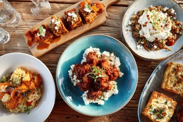 Assorted gourmet dishes on a wooden table.  Platters of diverse culinary creations, including savory bites, rice bowls, and a creamy dish
