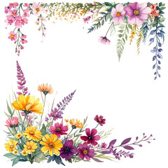 Naklejka premium Floral Harmony Isolated On White Background: A watercolor masterpiece of vibrant flowers, exquisitely arranged to create a captivating decorative frame. Evoking the delicate beauty of nature.
