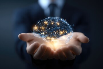 A person in a suit holds a holographic brain