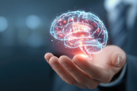A hand holds a holographic brain