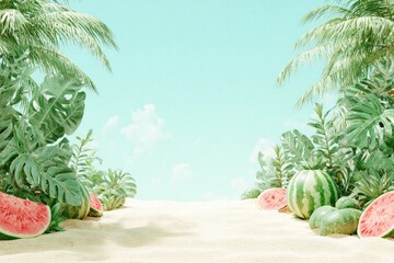 Obraz premium Tropical sand beach scene with watermelons and lush plants