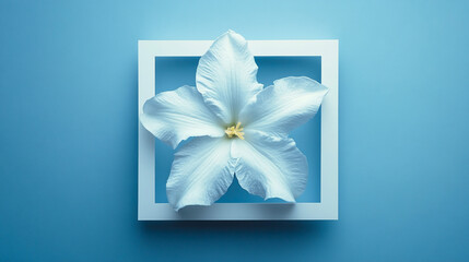 White Flower in Geometric Frame on Blue Background. A white flower with delicate petals placed inside a square geometric frame against a soft blue background.