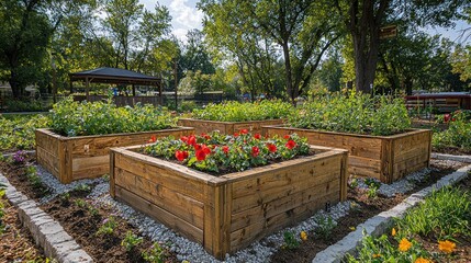 Sunlit garden with raised wooden planter boxes filled with vibrant red and other flowers.