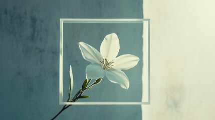 A white flower with delicate petals placed inside a square geometric frame against a soft background. Ideal for artistic, decorative, and conceptual projects.