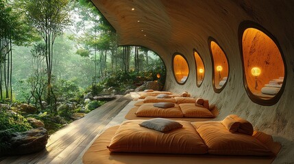 Serene forest meditation room with organic architecture and large windows.