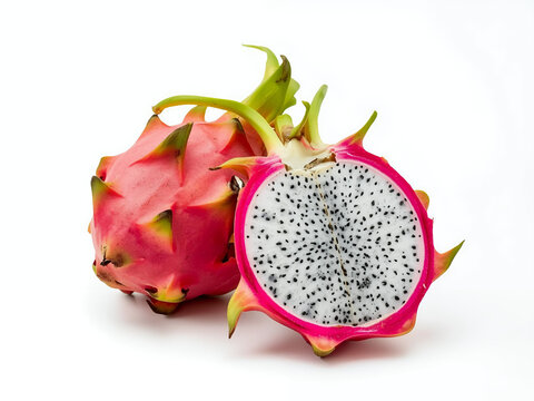 Dragon fruit, one half showing white flesh with black seeds, pink skin and green tips, isolated on white background, studio lit.