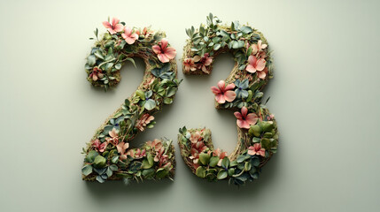 Floral 23 Numbers on Soft Background. Close-up of the number 23 formed from assorted flowers, ideal for spring marketing or floral-themed campaigns.