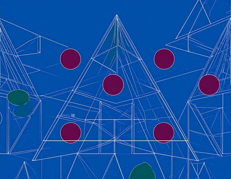 幾何学的な線画ツリーとオーナメントが並ぶ青背景のモダンクリスマスデザイン