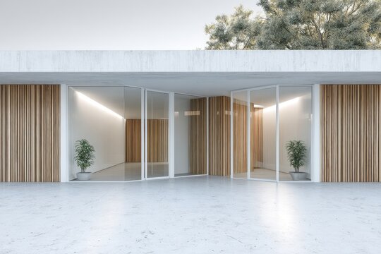 Modern, minimalist home exterior with large glass doors. Light-filled open space, featuring light-toned concrete and wood accents on a marble patio
