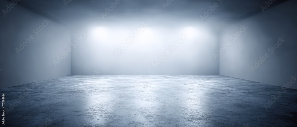 Poster modern empty room with white walls illuminated by spotlights on the ceiling and a shiny concrete flo